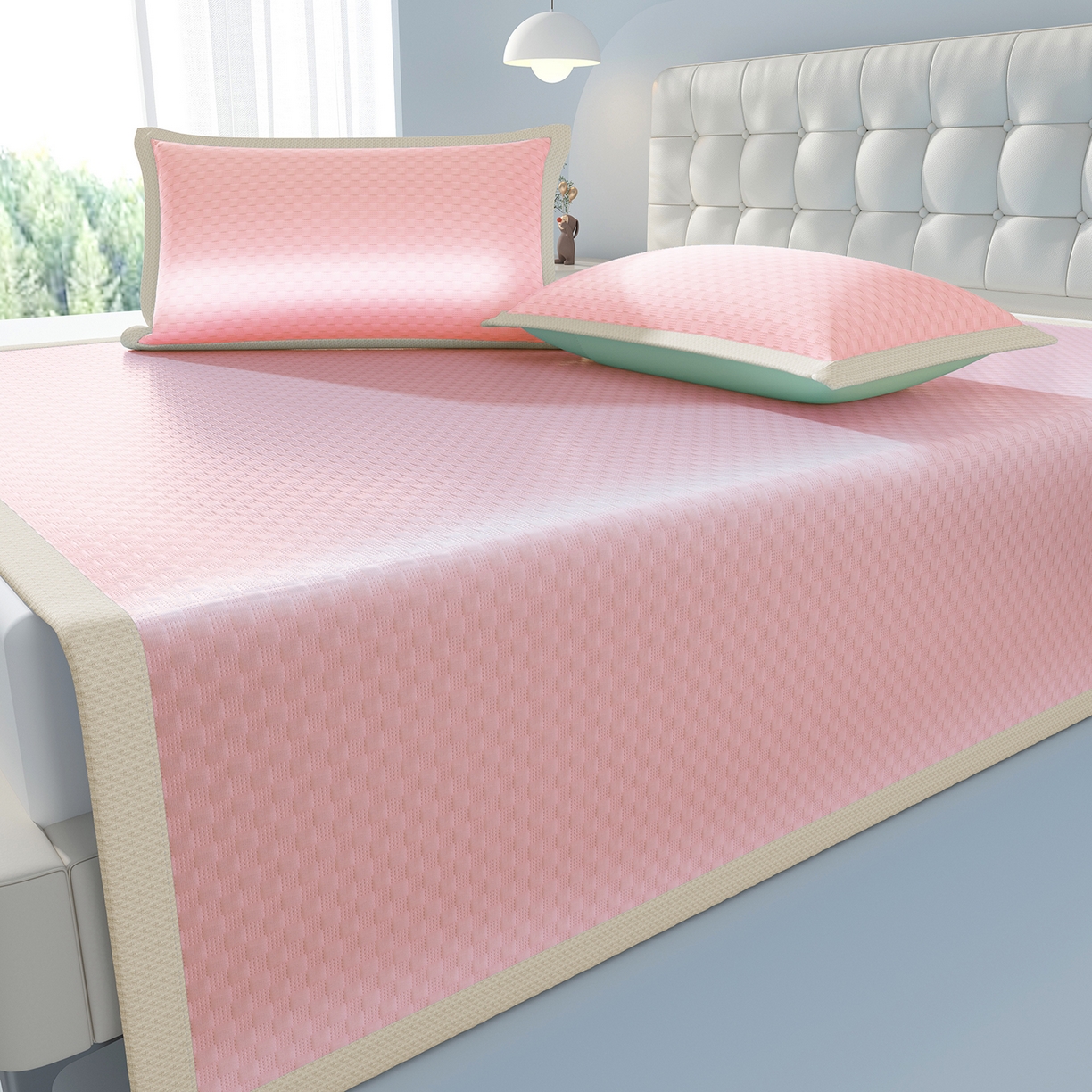 91家纺网 家纺一手货源 找家纺 曼陀罗 2026新款海洋丝凉感冰咖方格凉席-平铺款 粉黛玉