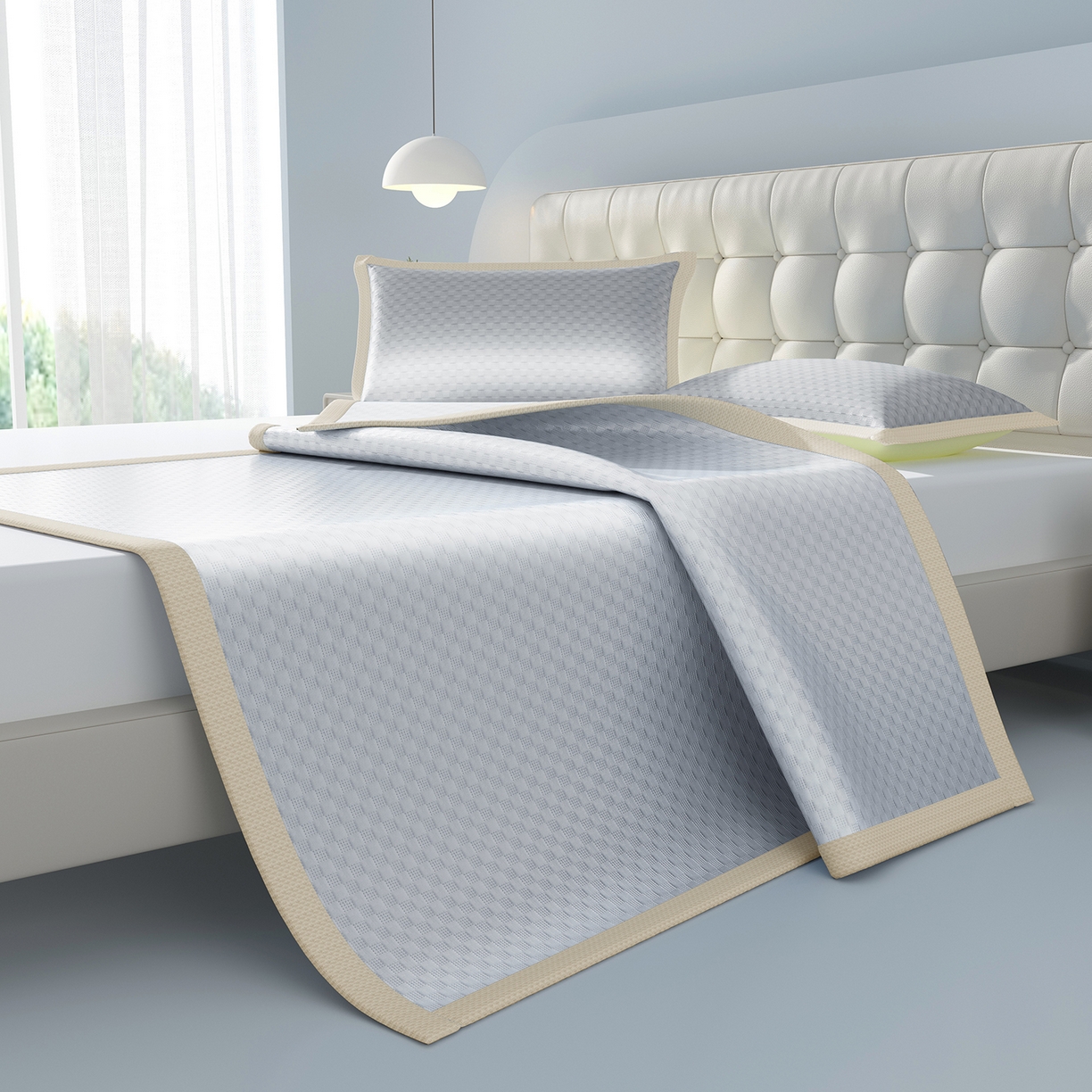 91家纺网 家纺一手货源 找家纺 曼陀罗 2026新款海洋丝凉感冰咖方格凉席-平铺款 冰川灰