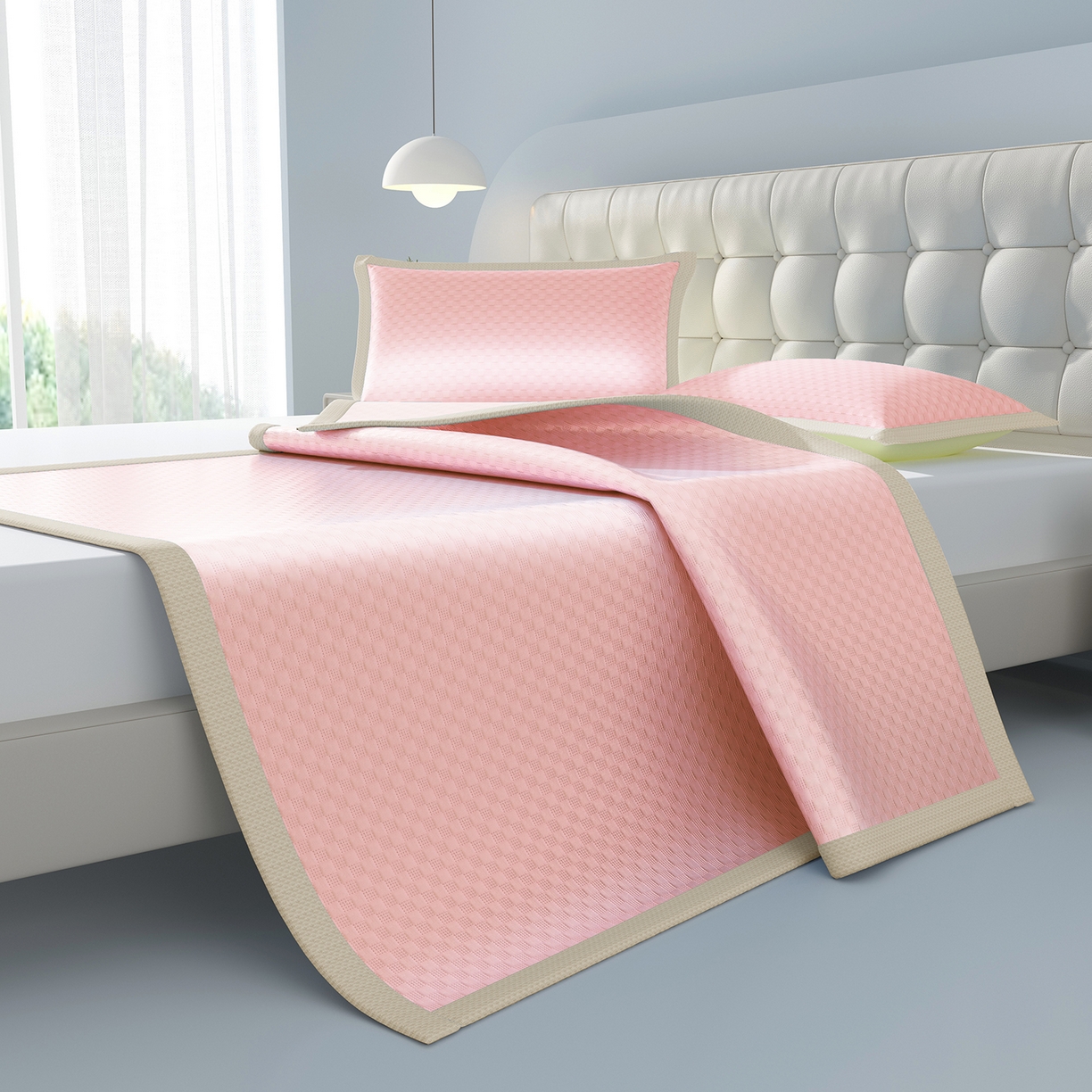 91家纺网 家纺一手货源 找家纺 曼陀罗 2026新款海洋丝凉感冰咖方格凉席-平铺款 粉黛玉