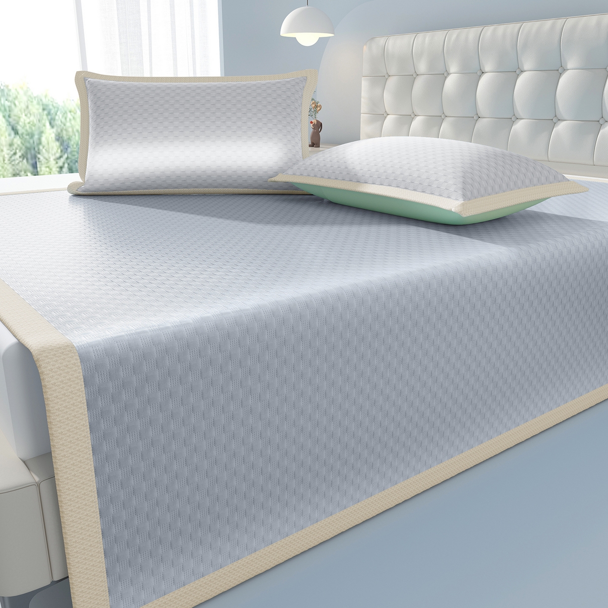 91家纺网 家纺一手货源 找家纺 曼陀罗 2026新款海洋丝凉感冰咖方格凉席-平铺款 冰川灰