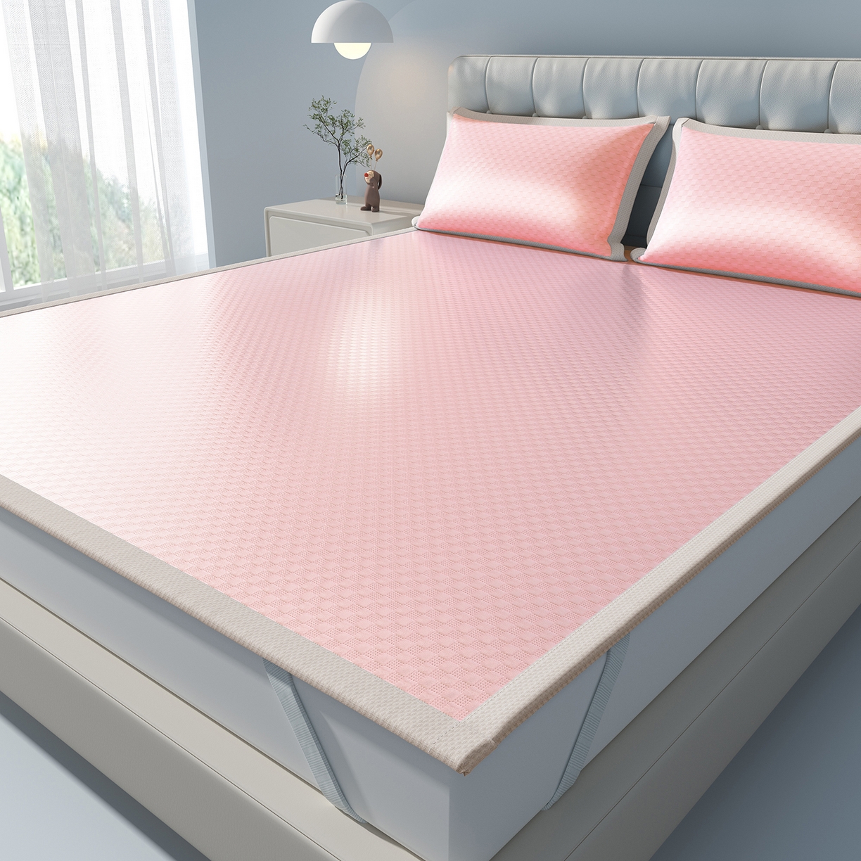 91家纺网 家纺一手货源 找家纺 曼陀罗 2026新款海洋丝凉感冰咖方格凉席-平铺款 粉黛玉