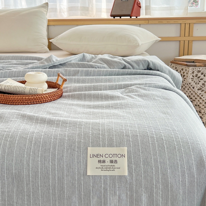 91家纺网 家纺一手货源 找家纺 库里梦家纺 2026春夏新款色织提花棉麻夏被夏凉被空调被四件套 贴标款条纹-灰