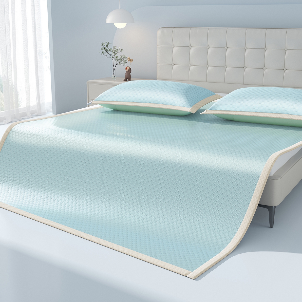 91家纺网 家纺一手货源 找家纺 曼陀罗 2026新款海洋丝凉感冰咖方格凉席-平铺款 天之蓝