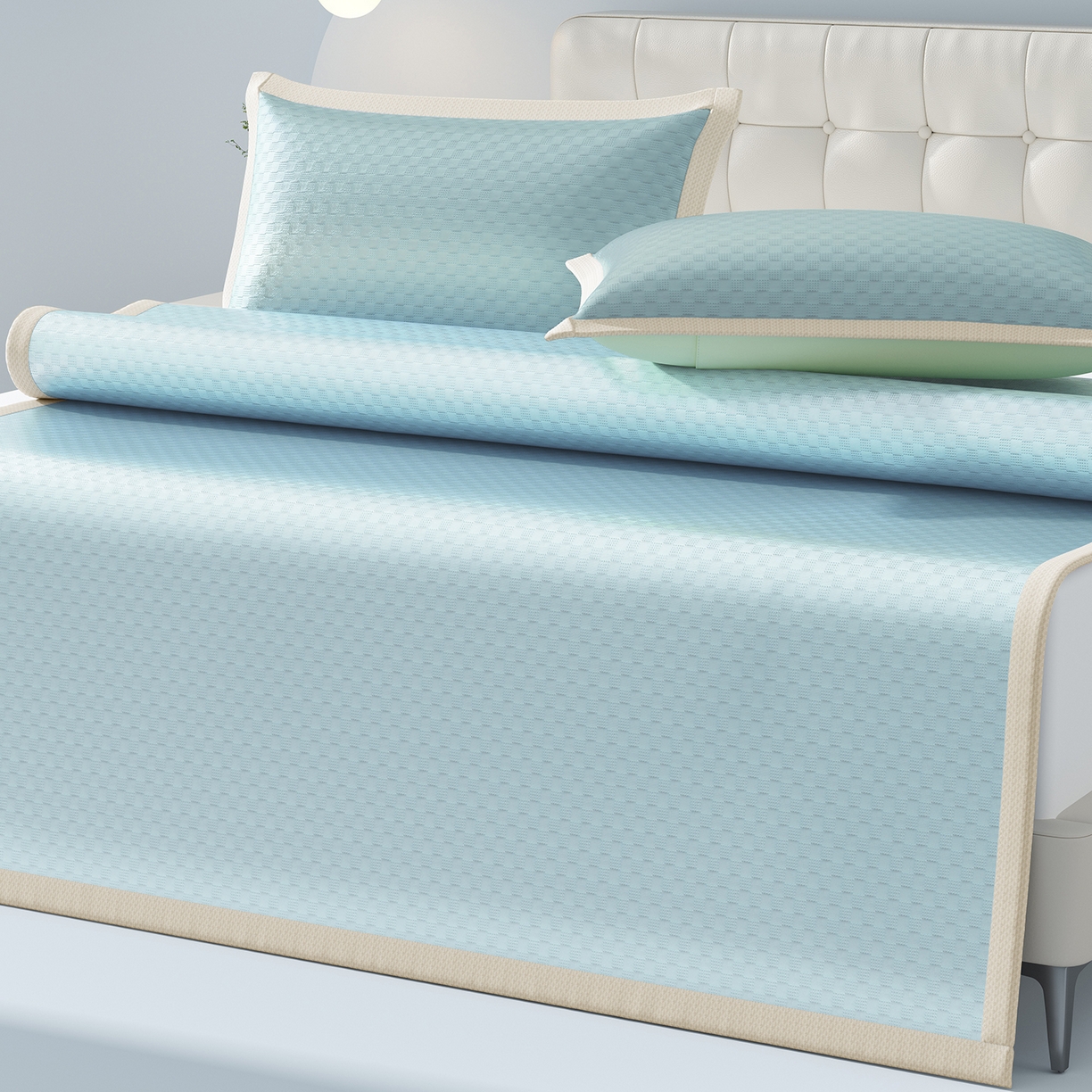 91家纺网 家纺一手货源 找家纺 曼陀罗 2026新款海洋丝凉感冰咖方格凉席-平铺款 天之蓝