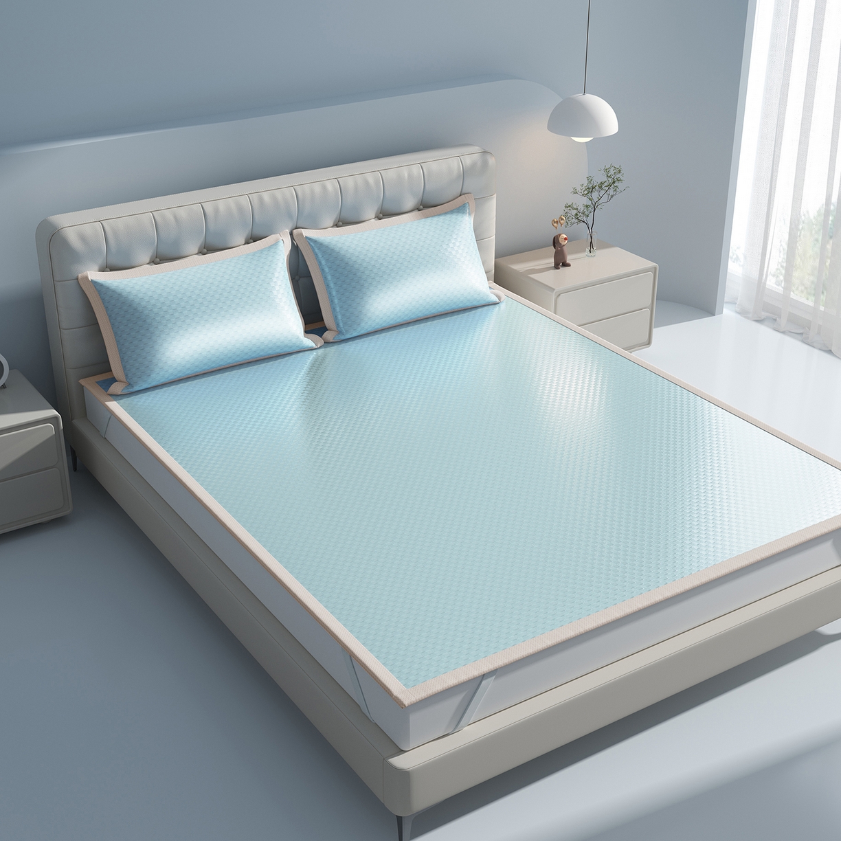 91家纺网 家纺一手货源 找家纺 曼陀罗 2026新款海洋丝凉感冰咖方格凉席-平铺款 天之蓝