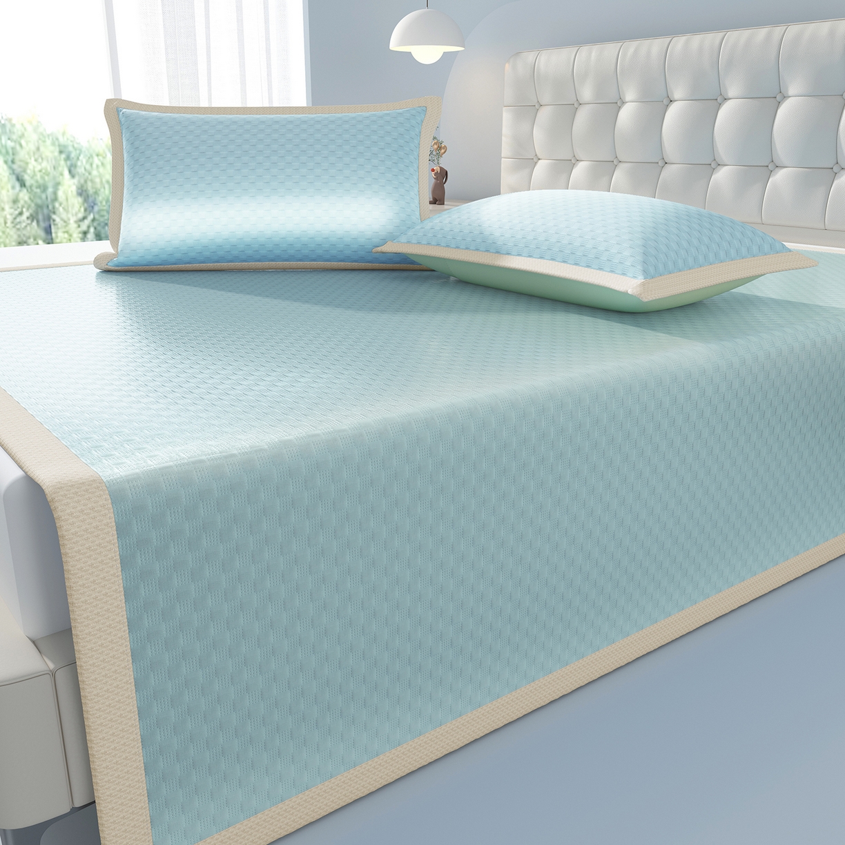 91家纺网 家纺一手货源 找家纺 曼陀罗 2026新款海洋丝凉感冰咖方格凉席-平铺款 天之蓝