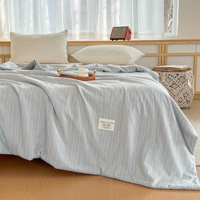 91家纺网 家纺一手货源 找家纺 库里梦家纺 2026春夏新款色织提花棉麻夏被夏凉被空调被四件套 贴标款条纹-灰