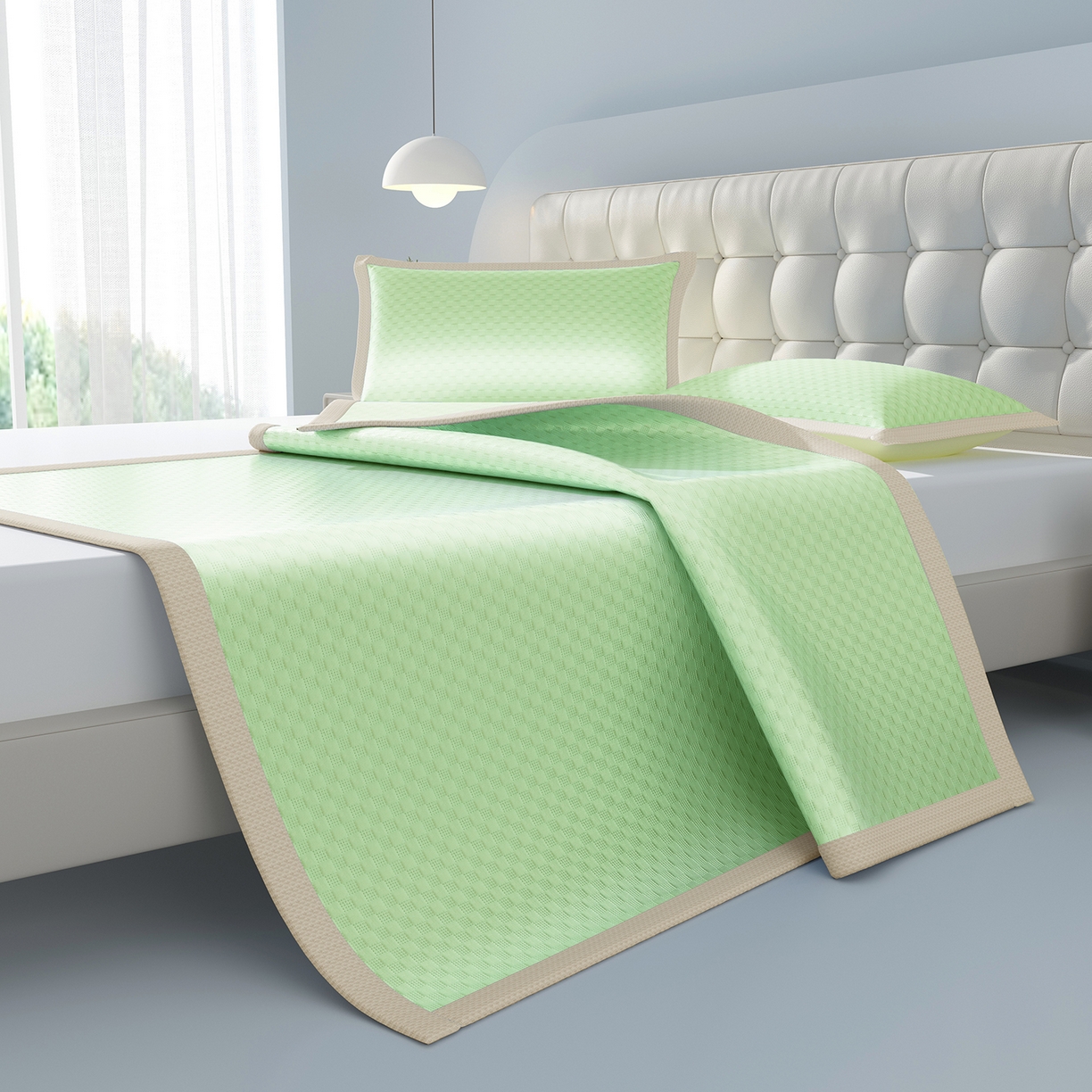 91家纺网 家纺一手货源 找家纺 曼陀罗 2026新款海洋丝凉感冰咖方格凉席-平铺款 草原绿