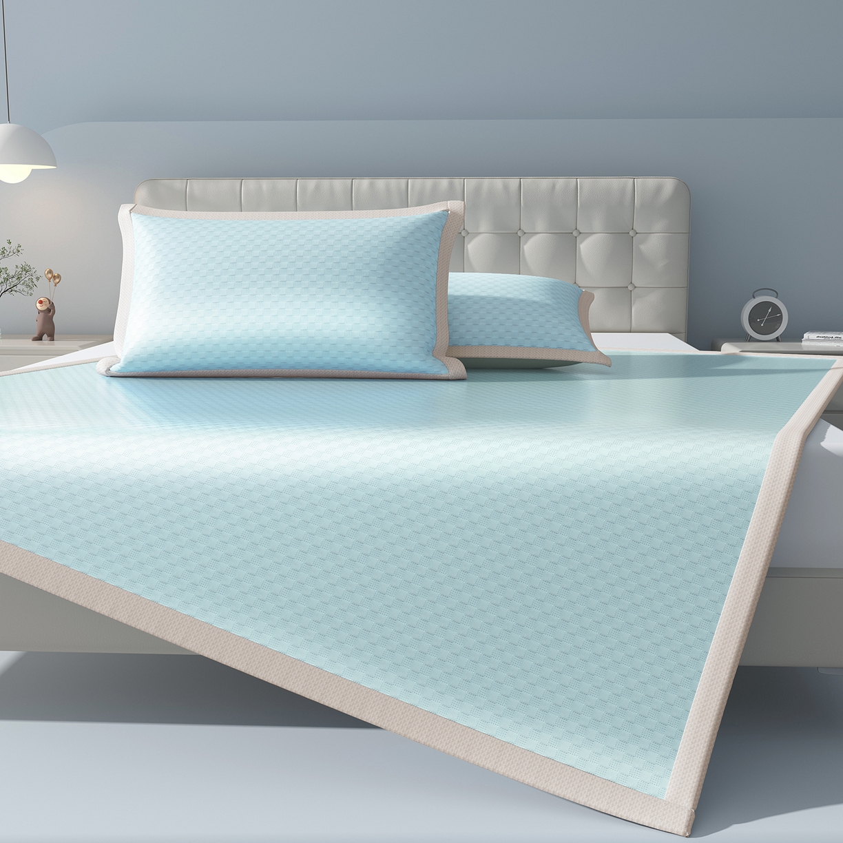 91家纺网 家纺一手货源 找家纺 曼陀罗 2026新款海洋丝凉感冰咖方格凉席-平铺款 天之蓝