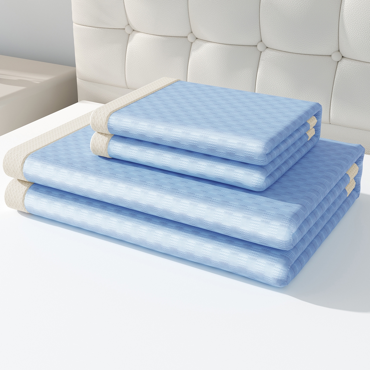 91家纺网 家纺一手货源 找家纺 曼陀罗 2026新款海洋丝凉感冰咖方格凉席-平铺款 海之蓝