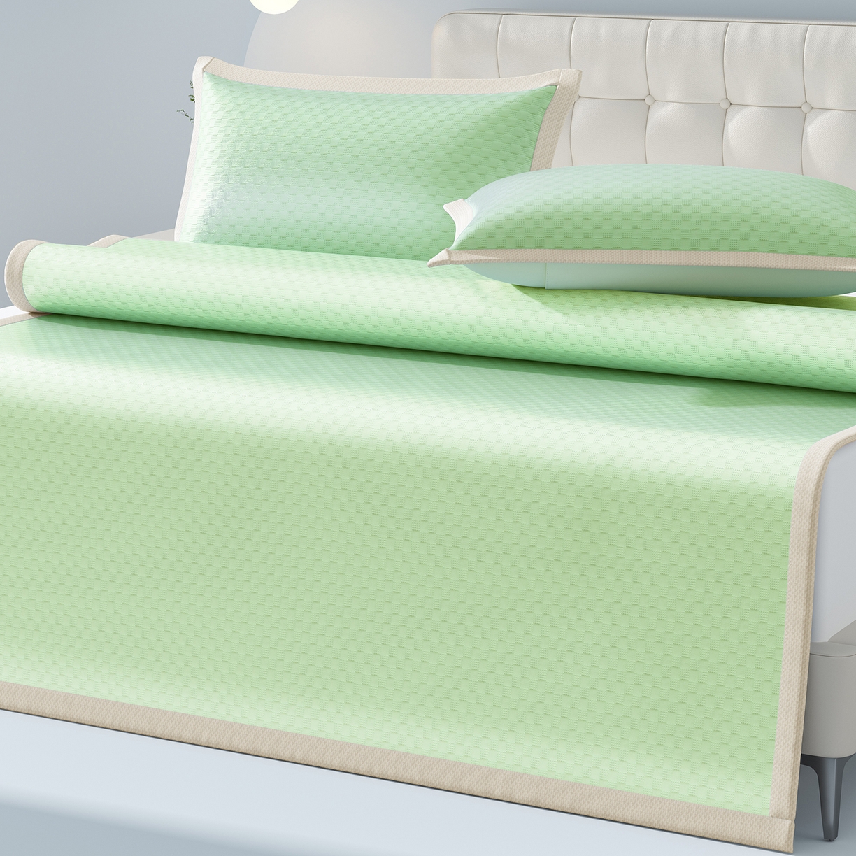 91家纺网 家纺一手货源 找家纺 曼陀罗 2026新款海洋丝凉感冰咖方格凉席-平铺款 草原绿