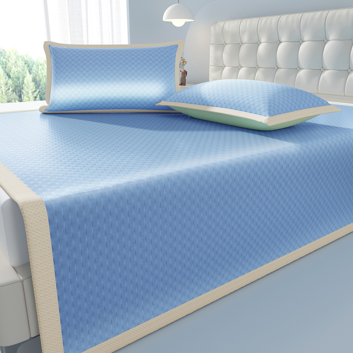 91家纺网 家纺一手货源 找家纺 曼陀罗 2026新款海洋丝凉感冰咖方格凉席-平铺款 海之蓝