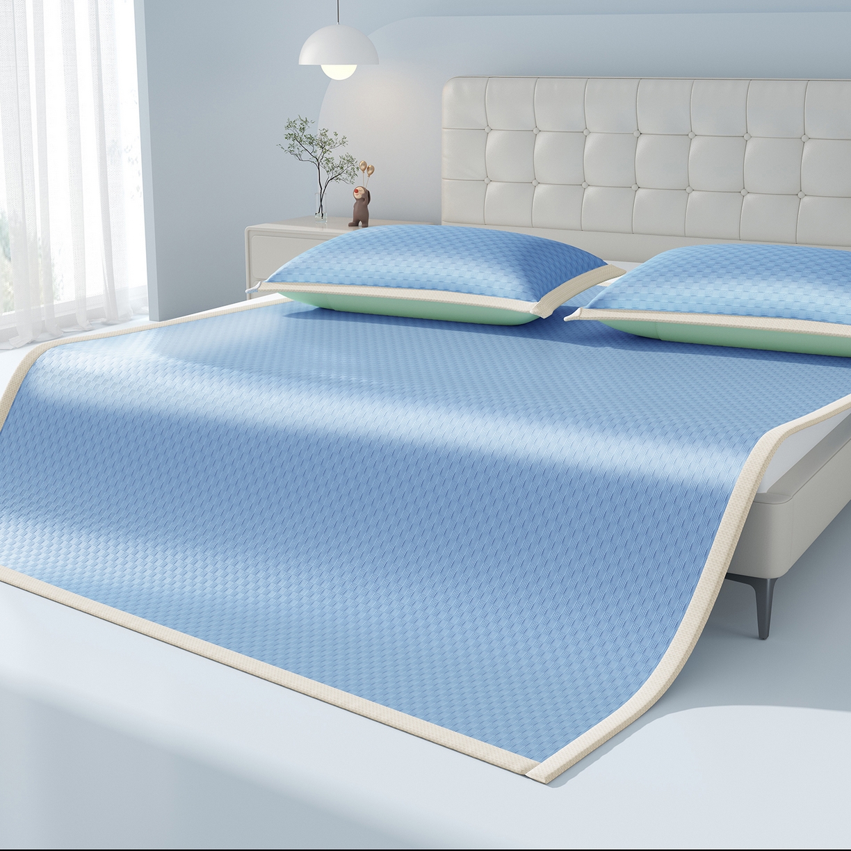 91家纺网 家纺一手货源 找家纺 曼陀罗 2026新款海洋丝凉感冰咖方格凉席-平铺款 海之蓝