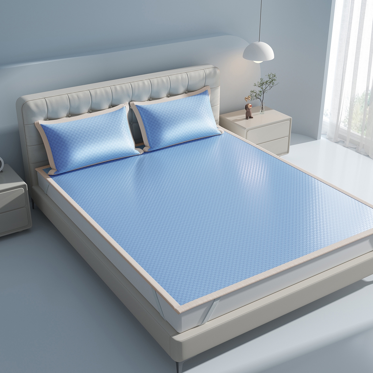 91家纺网 家纺一手货源 找家纺 曼陀罗 2026新款海洋丝凉感冰咖方格凉席-平铺款 海之蓝