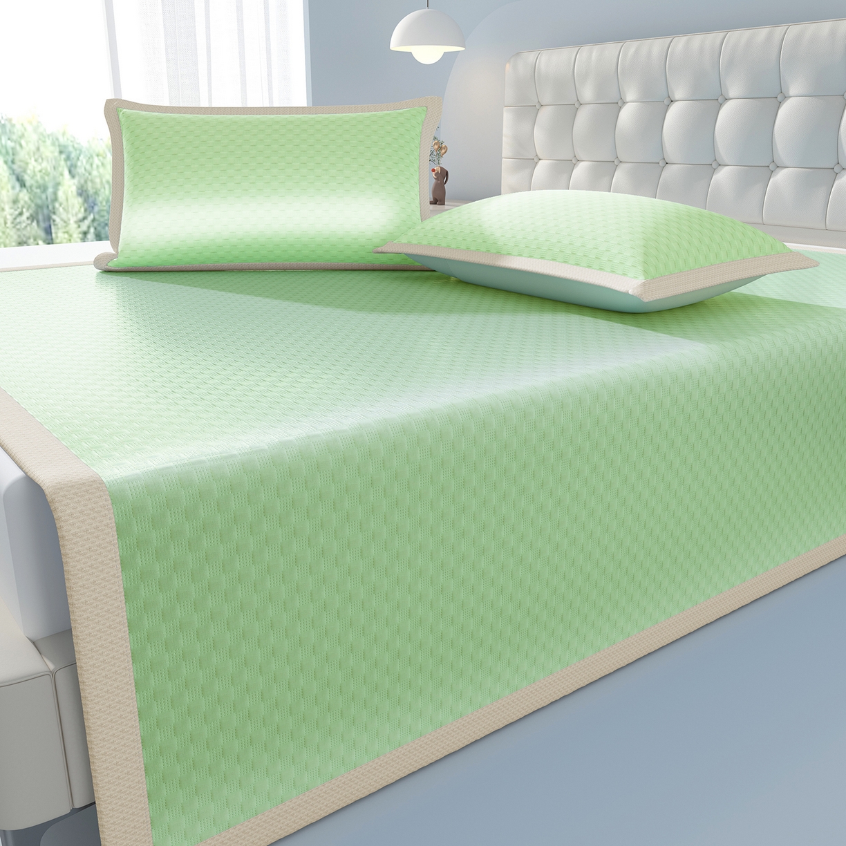 91家纺网 家纺一手货源 找家纺 曼陀罗 2026新款海洋丝凉感冰咖方格凉席-平铺款 草原绿