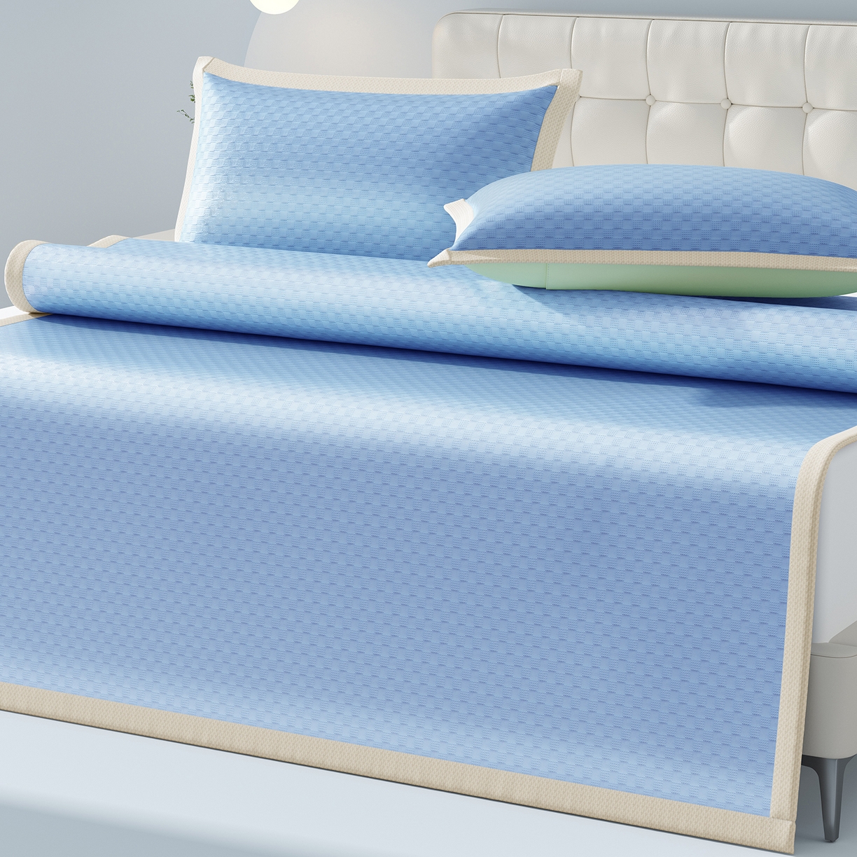 91家纺网 家纺一手货源 找家纺 曼陀罗 2026新款海洋丝凉感冰咖方格凉席-平铺款 海之蓝