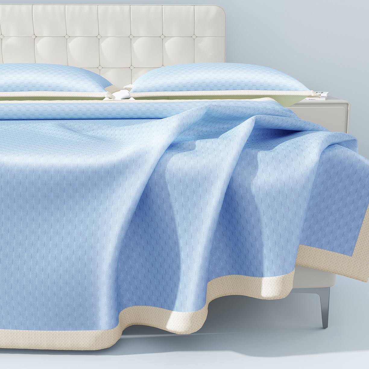 91家纺网 家纺一手货源 找家纺 曼陀罗 2026新款海洋丝凉感冰咖方格凉席-平铺款 海之蓝