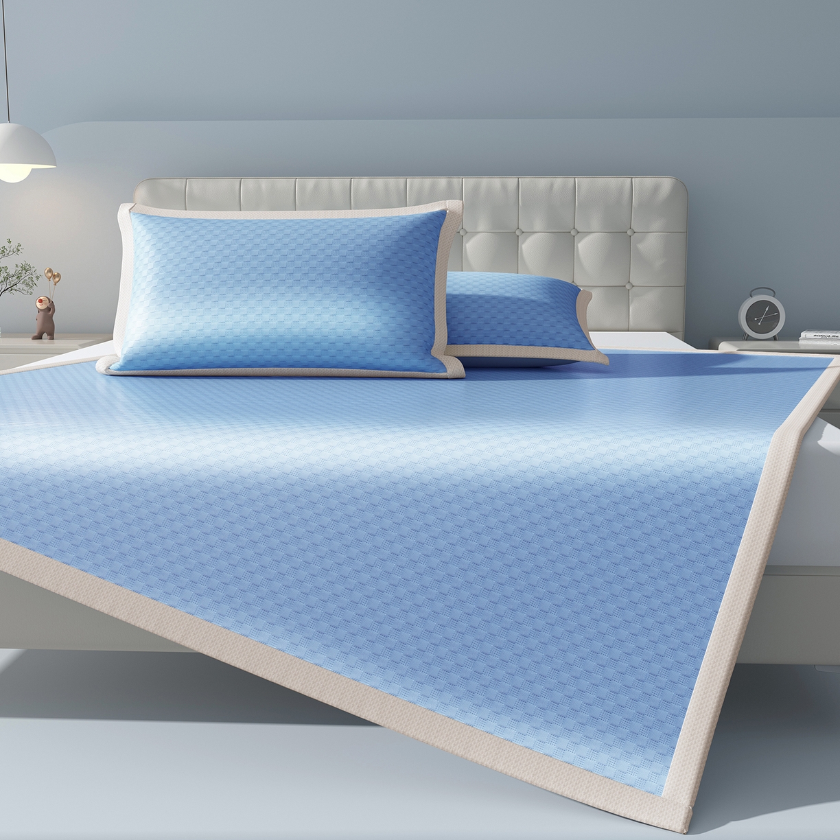 91家纺网 家纺一手货源 找家纺 曼陀罗 2026新款海洋丝凉感冰咖方格凉席-平铺款 海之蓝