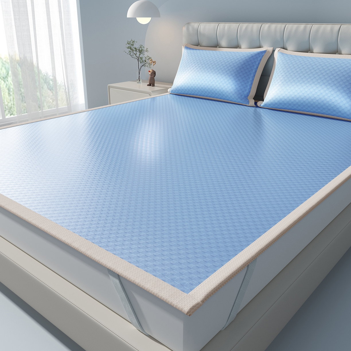 91家纺网 家纺一手货源 找家纺 曼陀罗 2026新款海洋丝凉感冰咖方格凉席-平铺款 海之蓝