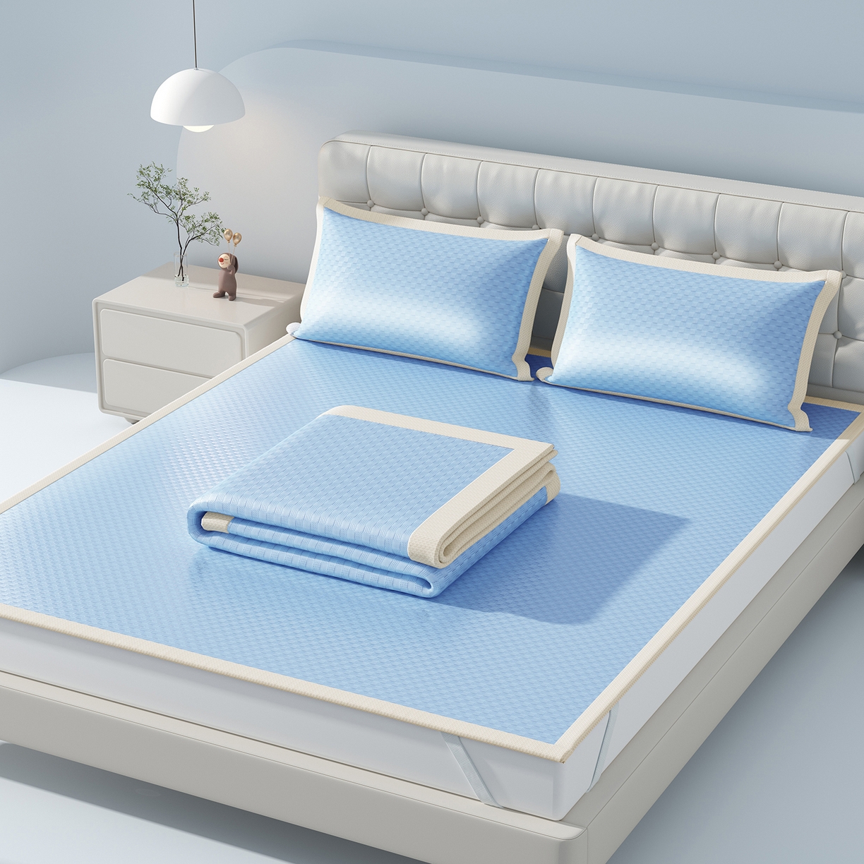 91家纺网 家纺一手货源 找家纺 曼陀罗 2026新款海洋丝凉感冰咖方格凉席-平铺款 海之蓝