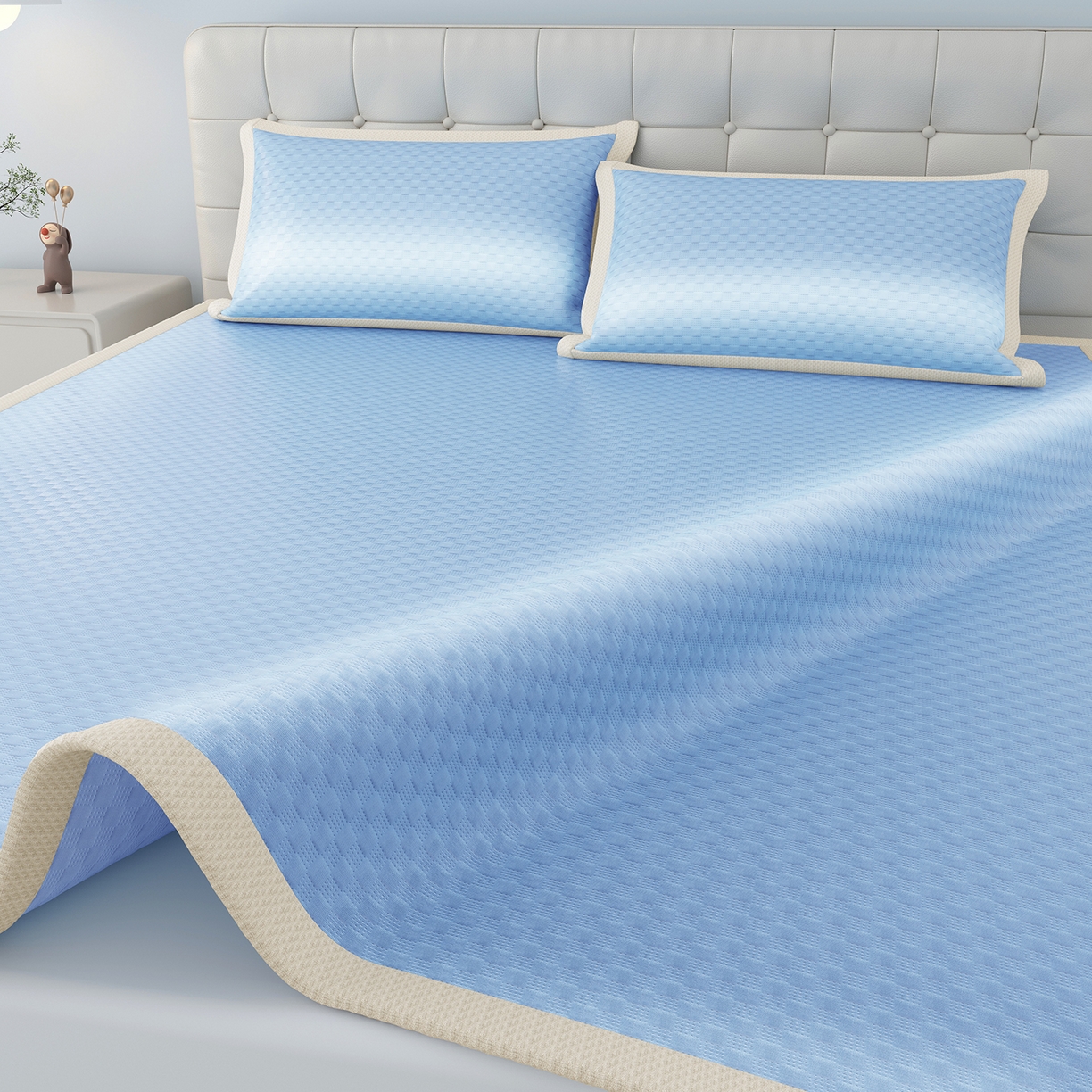 91家纺网 家纺一手货源 找家纺 曼陀罗 2026新款海洋丝凉感冰咖方格凉席-平铺款 海之蓝