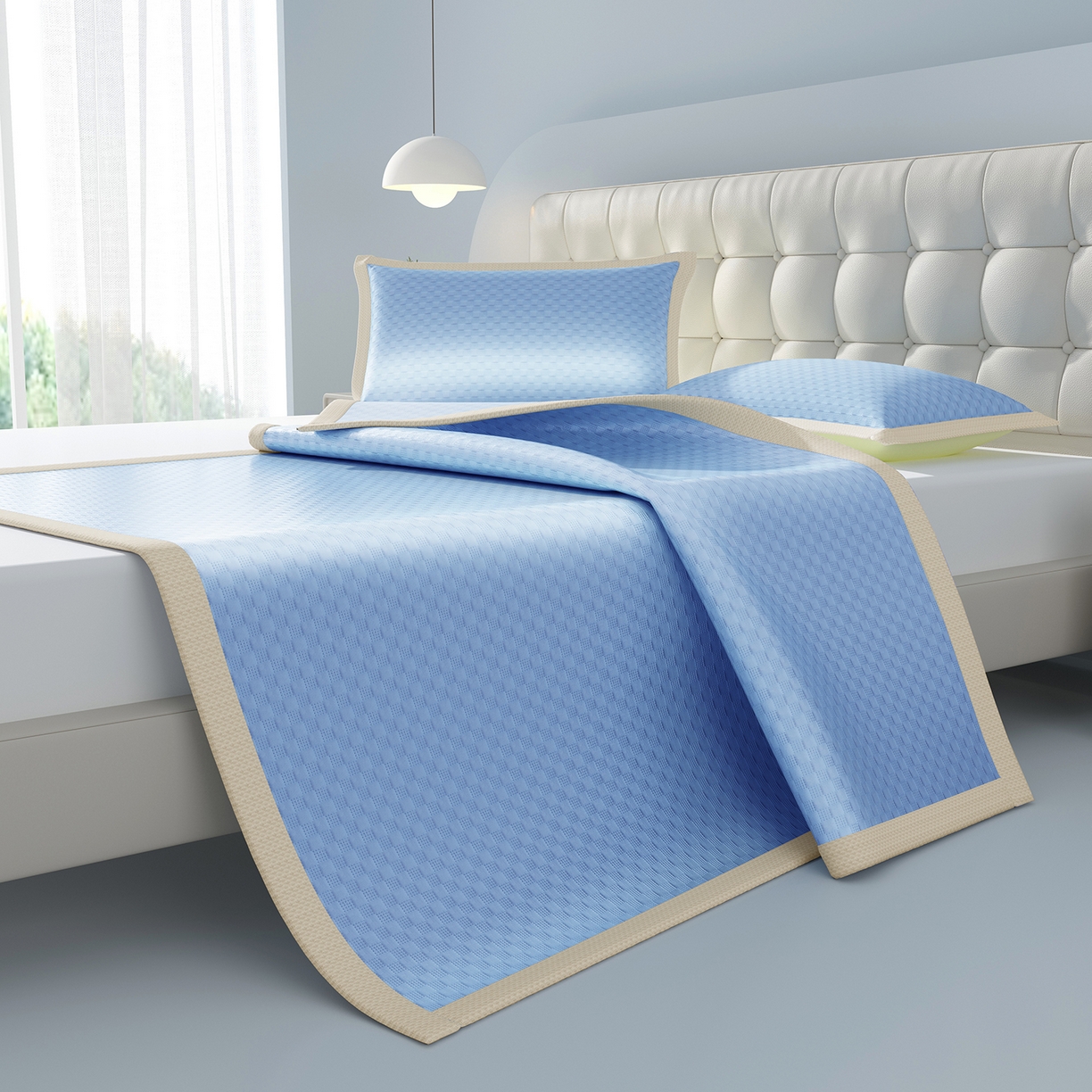 91家纺网 家纺一手货源 找家纺 曼陀罗 2026新款海洋丝凉感冰咖方格凉席-平铺款 海之蓝