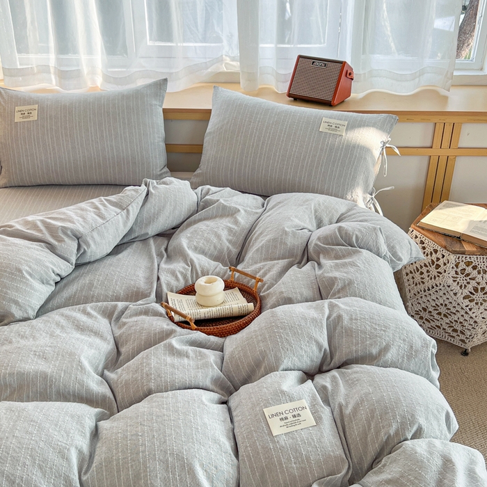 91家纺网 家纺一手货源 找家纺 库里梦家纺 2026春夏新款色织提花棉麻夏被夏凉被空调被四件套 贴标款条纹-灰