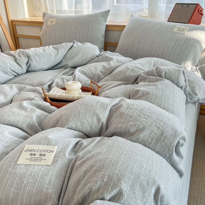 91家纺网 家纺一手货源 找家纺 库里梦家纺 2026春夏新款色织提花棉麻夏被夏凉被空调被四件套 贴标款条纹-灰