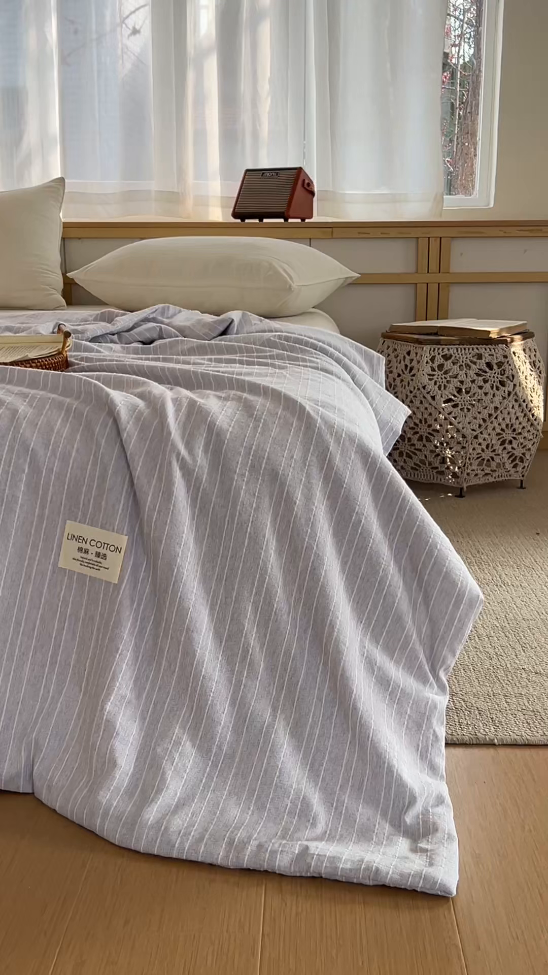 91家纺网 家纺一手货源 找家纺 库里梦家纺 2026春夏新款色织提花棉麻夏被夏凉被空调被四件套 贴标款条纹-灰