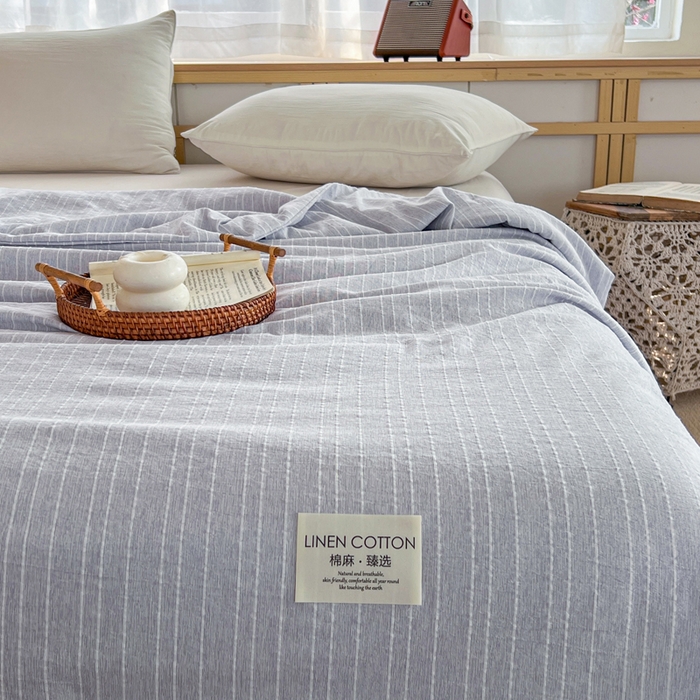 91家纺网 家纺一手货源 找家纺 库里梦家纺 2026春夏新款色织提花棉麻夏被夏凉被空调被四件套 贴标款条纹-蓝