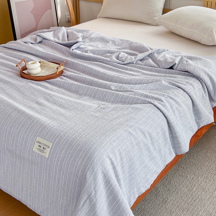 91家纺网 家纺一手货源 找家纺 库里梦家纺 2026春夏新款色织提花棉麻夏被夏凉被空调被四件套 贴标款条纹-蓝