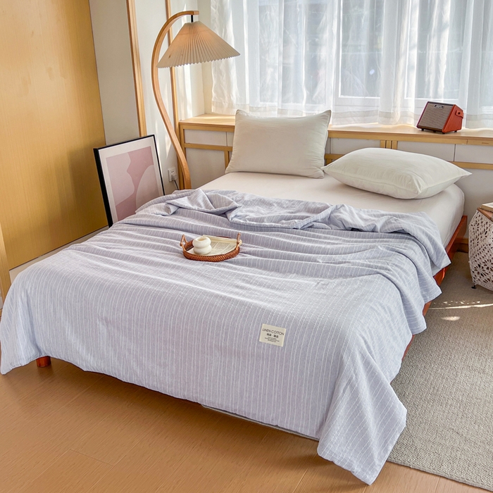 91家纺网 家纺一手货源 找家纺 库里梦家纺 2026春夏新款色织提花棉麻夏被夏凉被空调被四件套 贴标款条纹-蓝