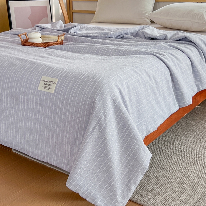 91家纺网 家纺一手货源 找家纺 库里梦家纺 2026春夏新款色织提花棉麻夏被夏凉被空调被四件套 贴标款条纹-蓝