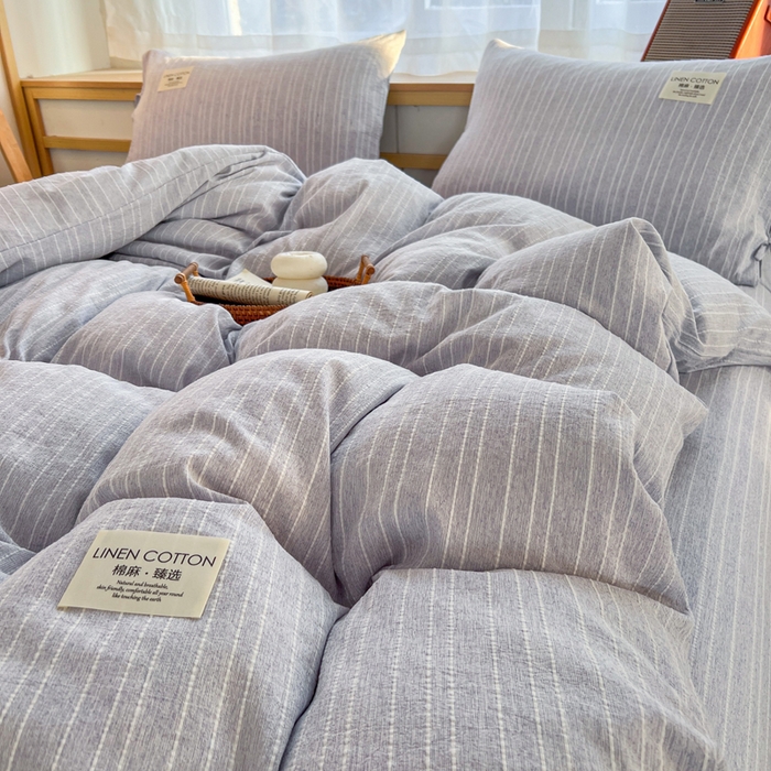 91家纺网 家纺一手货源 找家纺 库里梦家纺 2026春夏新款色织提花棉麻夏被夏凉被空调被四件套 贴标款条纹-蓝