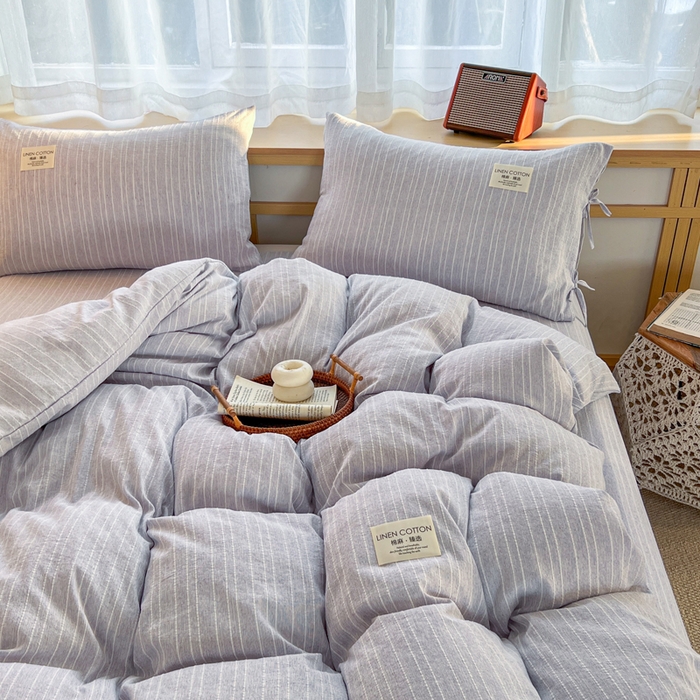 91家纺网 家纺一手货源 找家纺 库里梦家纺 2026春夏新款色织提花棉麻夏被夏凉被空调被四件套 贴标款条纹-蓝