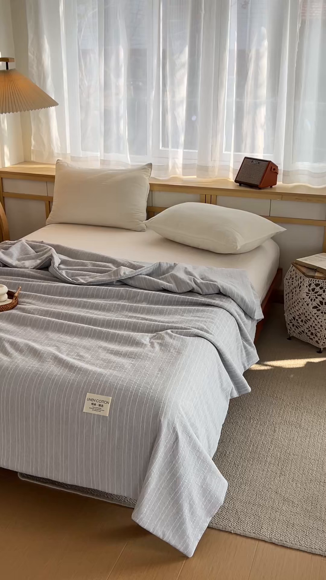 91家纺网 家纺一手货源 找家纺 库里梦家纺 2026春夏新款色织提花棉麻夏被夏凉被空调被四件套 贴标款条纹-蓝