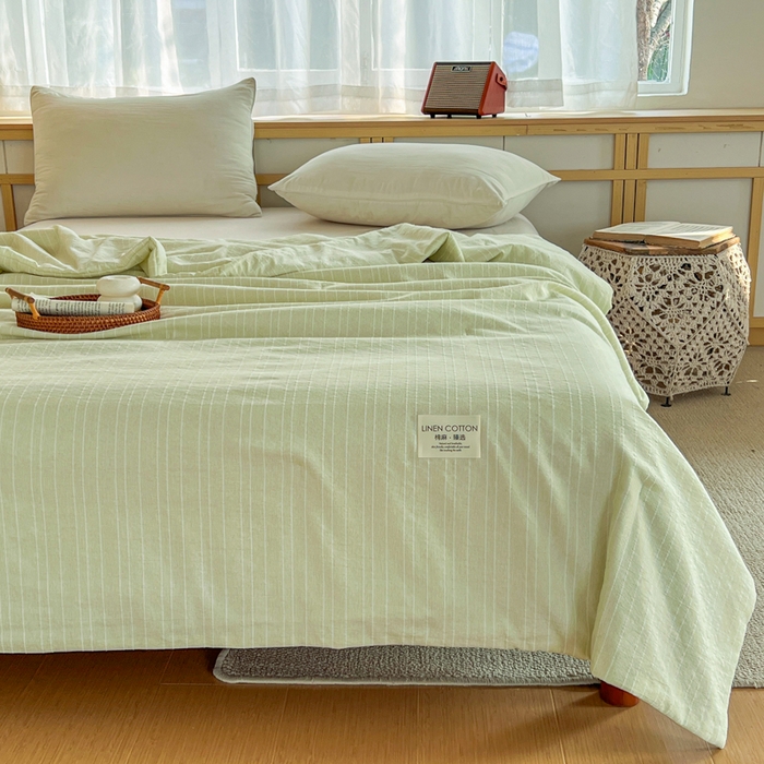 91家纺网 家纺一手货源 找家纺 库里梦家纺 2026春夏新款色织提花棉麻夏被夏凉被空调被四件套 贴标款条纹-绿