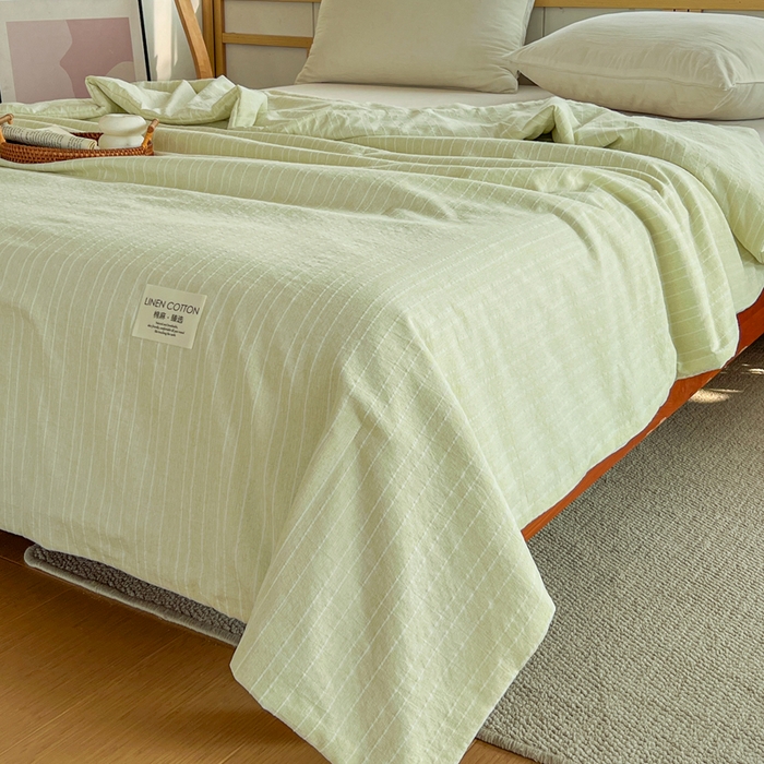 91家纺网 家纺一手货源 找家纺 库里梦家纺 2026春夏新款色织提花棉麻夏被夏凉被空调被四件套 贴标款条纹-绿
