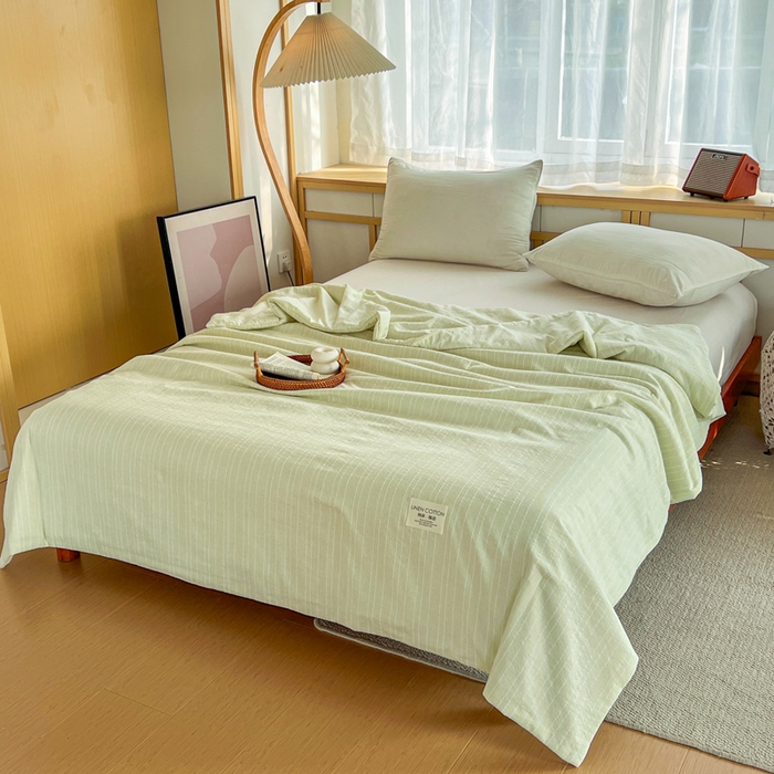 91家纺网 家纺一手货源 找家纺 库里梦家纺 2026春夏新款色织提花棉麻夏被夏凉被空调被四件套 贴标款条纹-绿