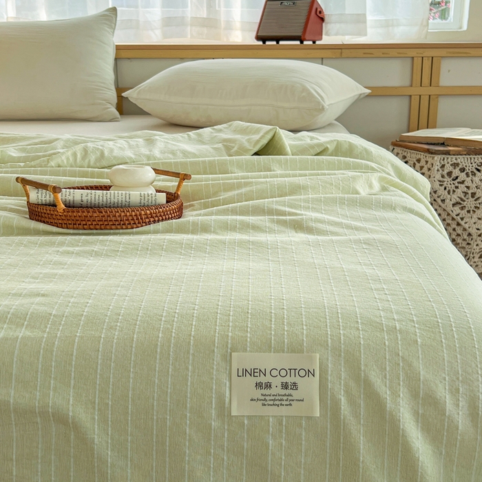 91家纺网 家纺一手货源 找家纺 库里梦家纺 2026春夏新款色织提花棉麻夏被夏凉被空调被四件套 贴标款条纹-绿