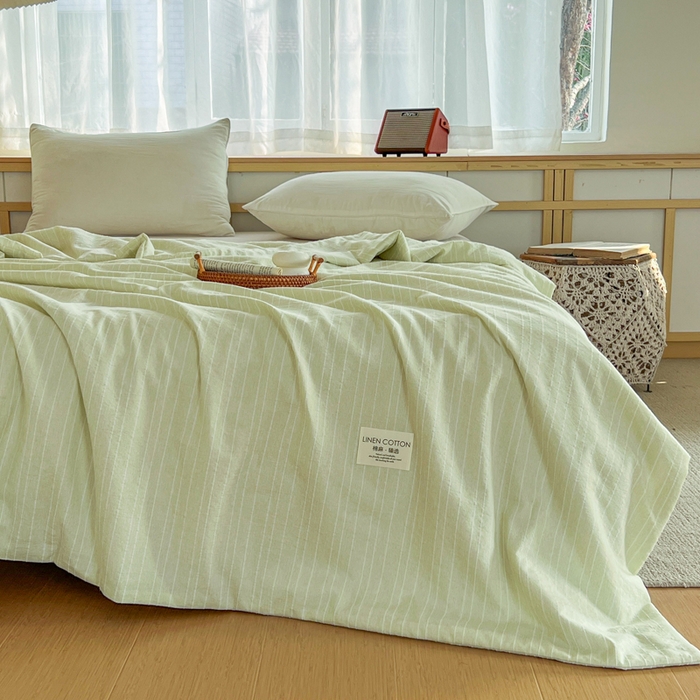 91家纺网 家纺一手货源 找家纺 库里梦家纺 2026春夏新款色织提花棉麻夏被夏凉被空调被四件套 贴标款条纹-绿