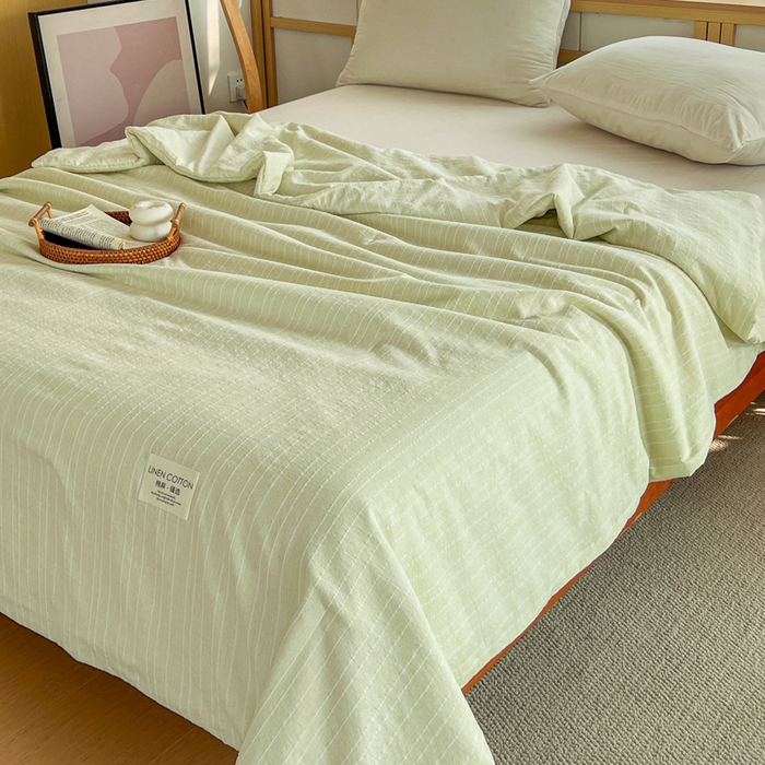 91家纺网 家纺一手货源 找家纺 库里梦家纺 2026春夏新款色织提花棉麻夏被夏凉被空调被四件套 贴标款条纹-绿