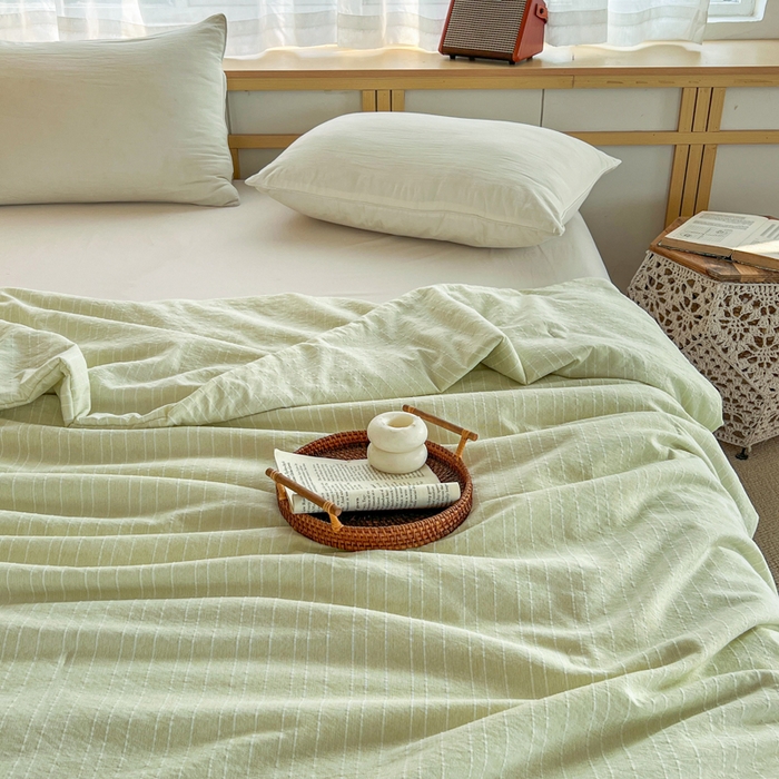 91家纺网 家纺一手货源 找家纺 库里梦家纺 2026春夏新款色织提花棉麻夏被夏凉被空调被四件套 贴标款条纹-绿