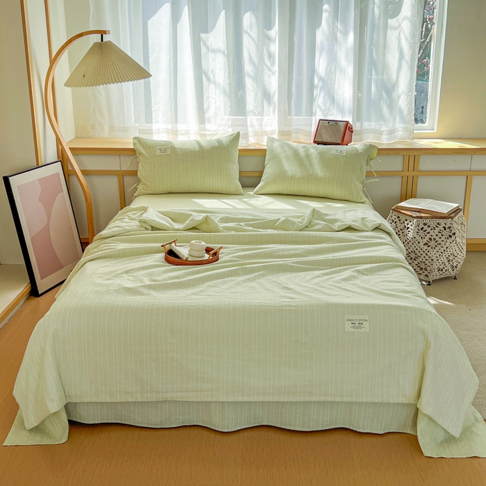 91家纺网 家纺一手货源 找家纺 库里梦家纺 2026春夏新款色织提花棉麻夏被夏凉被空调被四件套 贴标款条纹-绿
