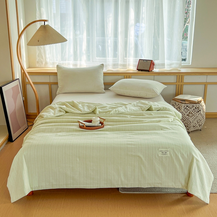 91家纺网 家纺一手货源 找家纺 库里梦家纺 2026春夏新款色织提花棉麻夏被夏凉被空调被四件套 贴标款条纹-绿