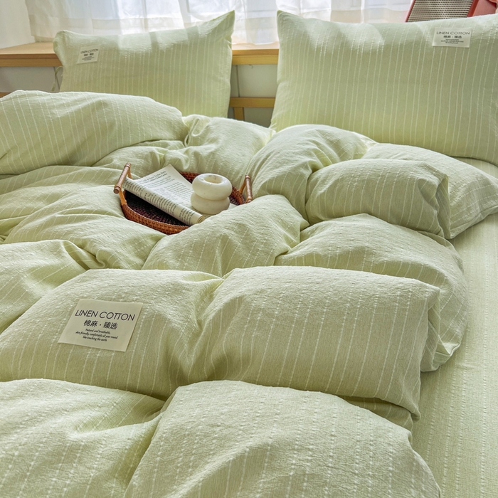 91家纺网 家纺一手货源 找家纺 库里梦家纺 2026春夏新款色织提花棉麻夏被夏凉被空调被四件套 贴标款条纹-绿
