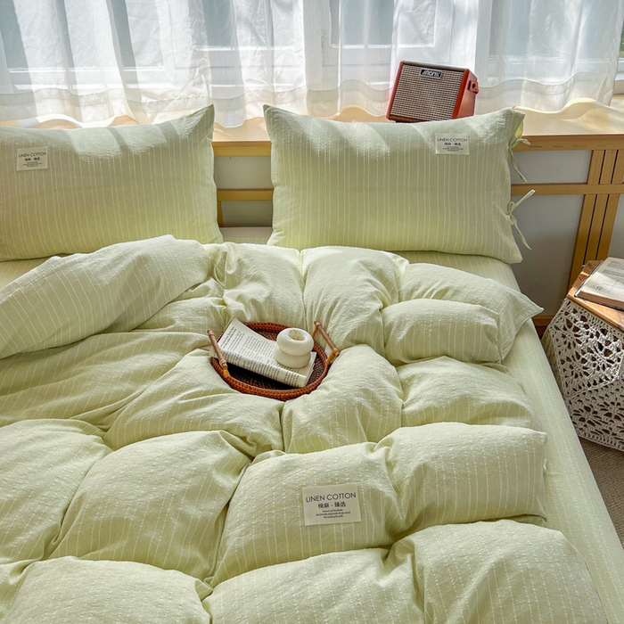 91家纺网 家纺一手货源 找家纺 库里梦家纺 2026春夏新款色织提花棉麻夏被夏凉被空调被四件套 贴标款条纹-绿