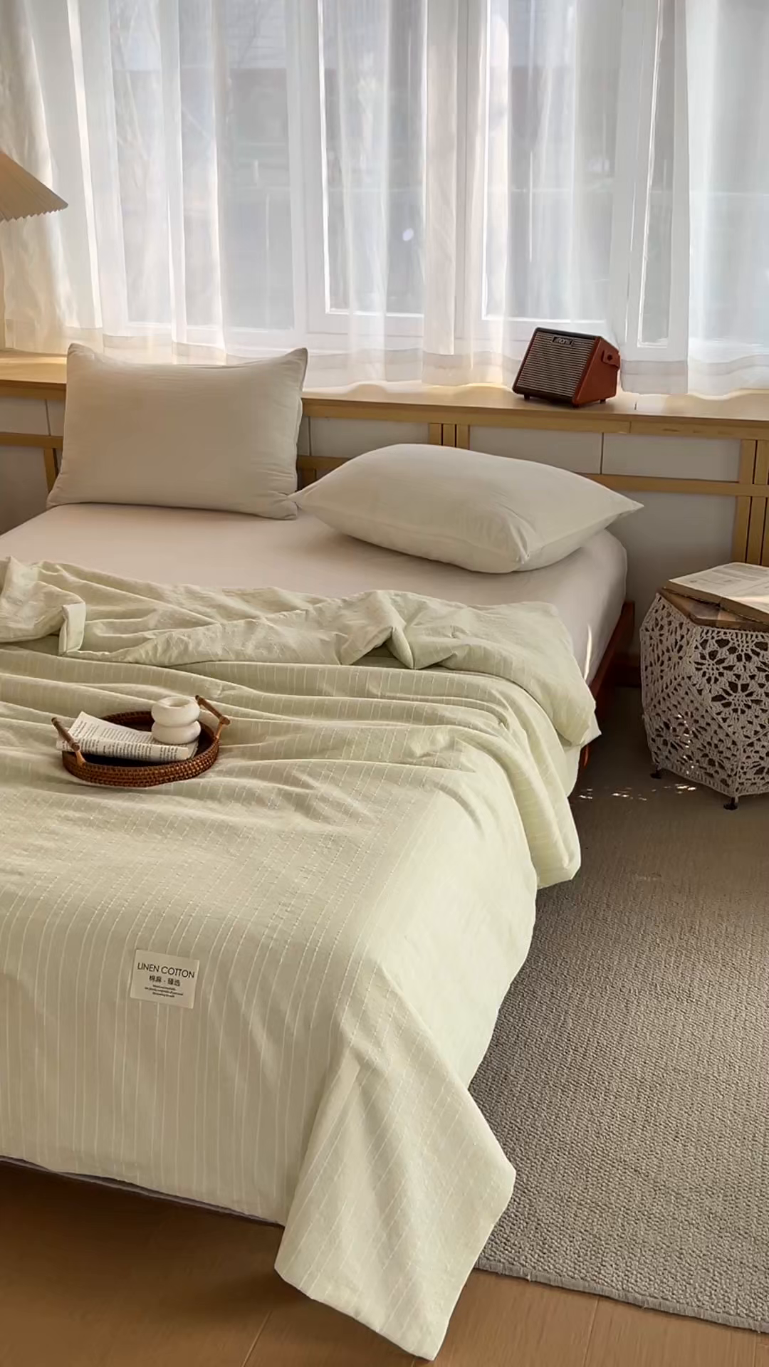 91家纺网 家纺一手货源 找家纺 库里梦家纺 2026春夏新款色织提花棉麻夏被夏凉被空调被四件套 贴标款条纹-绿