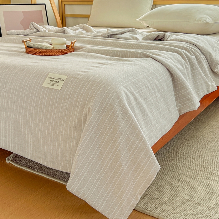 91家纺网 家纺一手货源 找家纺 库里梦家纺 2026春夏新款色织提花棉麻夏被夏凉被空调被四件套 贴标款条纹-香槟