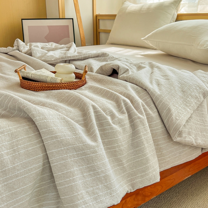 91家纺网 家纺一手货源 找家纺 库里梦家纺 2026春夏新款色织提花棉麻夏被夏凉被空调被四件套 贴标款条纹-香槟